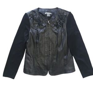 Peter Nygard Black Leather Floral Applique Knit Blazer Jacket‎ Medium Petites